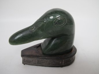 Vintage Hand Carved Jade Mallard Duck With Wooden Base
