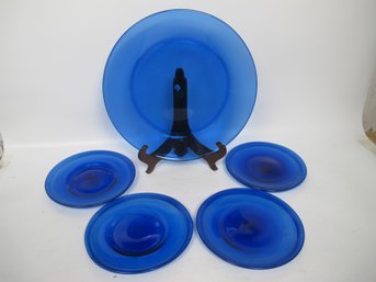 Set Of Five Vintage Cobalt Blue Glass Plates. The Vibrant Blue Sure To Impress