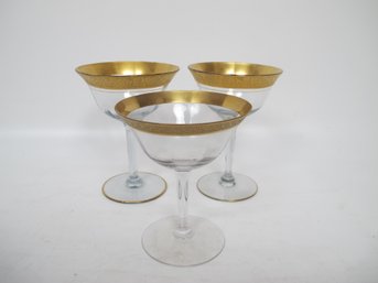 Set Of 3 Vintage Gold Rimmed Champagne Coupes