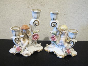 Pair Of Vintage Japanese Porcelain Cherub Candle Holders