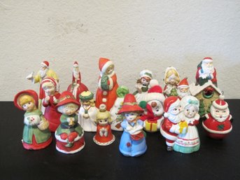 Vintage Christmas Ceramic Bell Collection - 17 Pieces Featuring Santa, Mrs. Claus, Carolers, And More