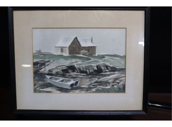 Seaside Solitude: Vintage Watercolor Painting Of Coastal Shack With Boats