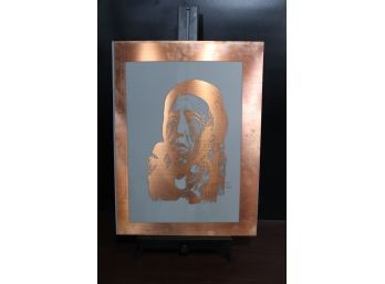 Contemplative Native American Elder Copper Plate Etching Artwork