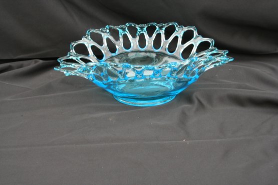 Beautiful Vintage Blue Glass Basket Weave Compote