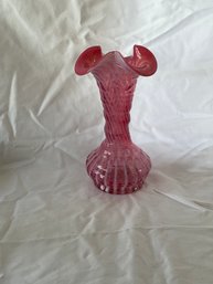 Fenton Cranberry Opalescent Swirl Ruffled Glass Vase