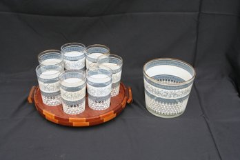 MCM Vintage Glasses And Ice Bucket W/Cup Holder 7 Glasses & Ice Bucket