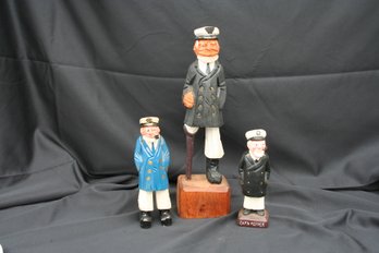 Three Decorative Sea Captain Figures. Two Carved Wood, One Ceramic Salt/Pepper