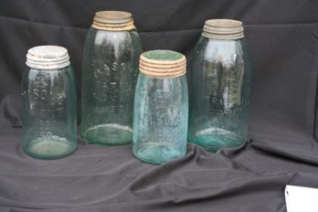 Lot Of Four Early Mason Canning Jars With Metal & Glass Lids Circa 1884 & 1858