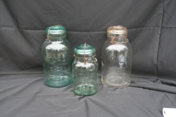 Lot Of 3 Vintage Atlas E-Z Seal Canning Jars W/Glass Lids 2-Blue Glass 1-Clear Glass