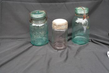 Lot Of Three Vintage Glass Canning Jars 'The Hazel' W/Milk Glass Cover Electric & Leotric Jars