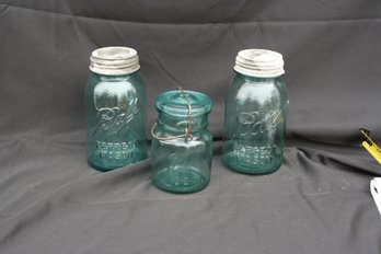 Lot Of 3 Vintage Ball Glass Canning Jars W/Metal & Glass Lids