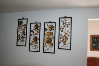 Set Of Four MCM Mid-century Asian Inspired Gold Floral Wall Hangings