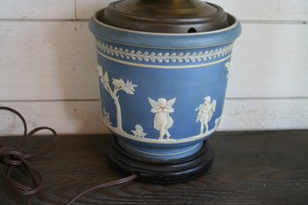 Vintage Wedgwood Blue Jasperware Large Table Lamp With Cherubs