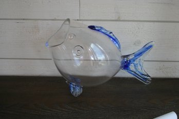 Blenko ??  MCM Clear & Blue Glass Fish Vase