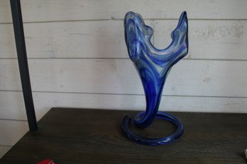 Cool Vintage MCM Mid-century Modern Blue Swirl Glass Vase 12 1/2'' Tall