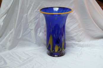 Beautiful Blue And Yellow Studio Art Glass Vase