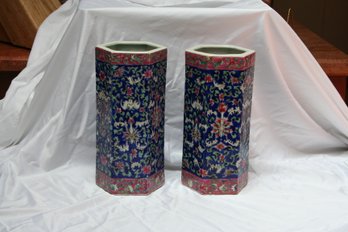 Pair (2) Of Vintage Famille Rose Hexagonal Chinese Vases W/Floral Pattern