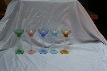 Lot Of Five (5) Multi Colored Hand Blown Twisted Stem Cordial Glasses