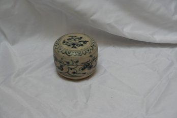 Antique Asian Small Covered Box W/Blue Decoration