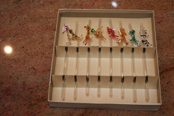 Box Of Eight (8) Vintage Art Glass Animal Drink Stirrers / Swizzle Sticks - Original Box