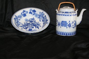 Vintage Chinese Blue Floral Teapot & Bowl