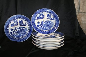 Set Of Six (6) Vintage Blue Willow Divided Grill Plates Moriyama Made In Japan