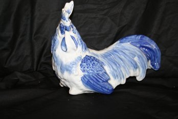 Vintage Hand Painted Delft Style Cobalt Blue & White Ceramic Rooster