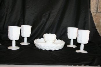 Lot Of Five (5) Pieces Of Westmorland Paneled Grape Milk Glass - 4 Goblets & Divided Relish Dish