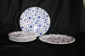 Lot Of Six (6) Pier 1 Imports Blue & White Decorated Plates. 4-Small 8'' Plates & 2-Large 10 1/2'' Plates