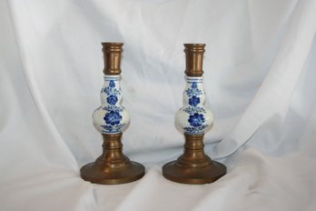 Beautiful Pair Of Brass & Blue & White Porcelain Candlesticks Made In Thailand