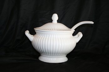 White Ironstone Covered Soup Tureen With Ladle