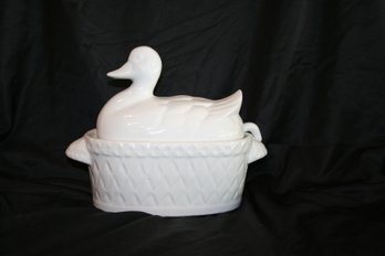 Large White Ironstone Duck Covered Tureen With Ladle