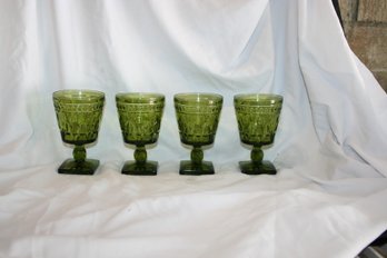 Set Of Four (4) Mid-century Colonial Green Goblets With Square Foot (Lot 1 Of 2)