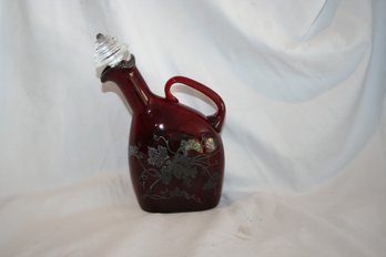 Ruby Glass Decanter W/Stopper & Silver Floral Decoration