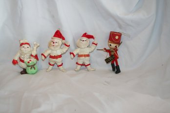 Lot Of Four (4) Vintage Christmas Ornaments - Flocked Bearded Santa's & Drummer Boy