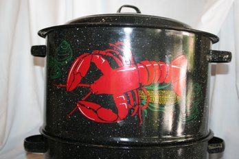 Large Enamelware Black Speckle Lobster/Steam Pot W/Spigot