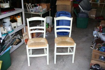 Set Of Six (6) White Pottery Barn Country Dining Room Chairs With Rattan/Sea Grass Seats