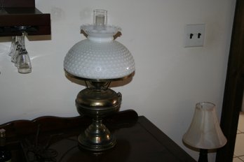 Brass Colonial Lamp With Milk Glass Hobnail Shade