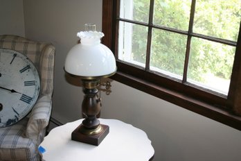 Wood & Brass Colonial Lamp With Milk Glass Shade