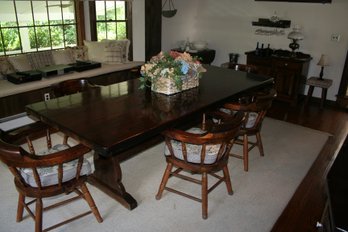 Ethan Allen Country Pine Dining Room Trestle Table With Six (6) Chairs