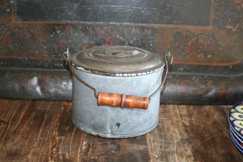 Antique Vintage Gray Enamelware Berry Bucket/Lunch Pail With Lid & Bail Handle