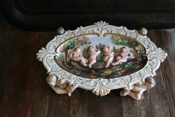 Beautiful Large Vintage Capodimonte Italy 'Bernini' Cherub Footed Tray