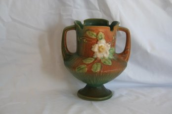 Vintage Roseville Pottery White Rose Handled Vase 146-6