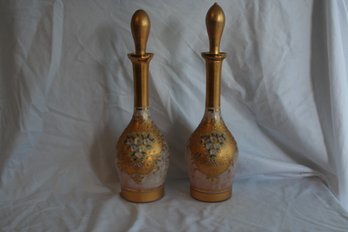 Set Of Two (2) Vintage German Fancy Glass Floral Decanters With Lids