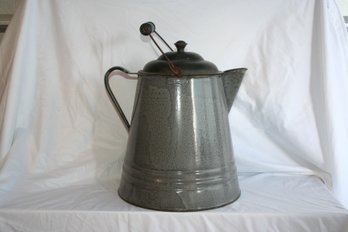 Large Antique Gray Graniteware Enamelware Cowboy Coffee Pot With Lid & Bail Handle