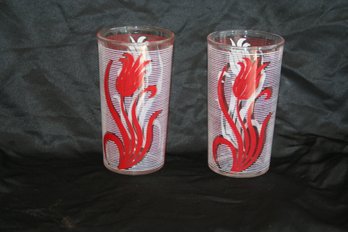 Lot Of Two (2) Vintage Red & White Tulip Swanky Swig Drinking Glasses