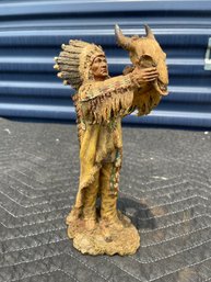 Native American Chief Holding Cattle Skull Statue