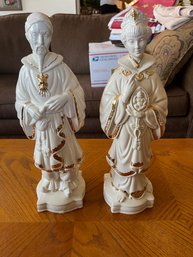 Vintage Pair Signed Dated Chinese Emperor Empress Couple Statues