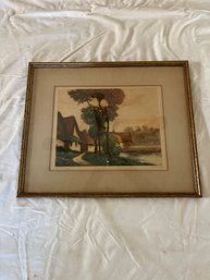 Charlot Painting Print Les Ormes Signed Country Village