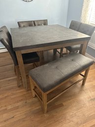 Farmhouse Bar Height Square Kitchen Table- 6 Bar Height Chairs & Storage Bench